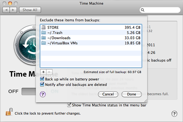 time machine exclude items settings 600x400 - Apple Time Machine